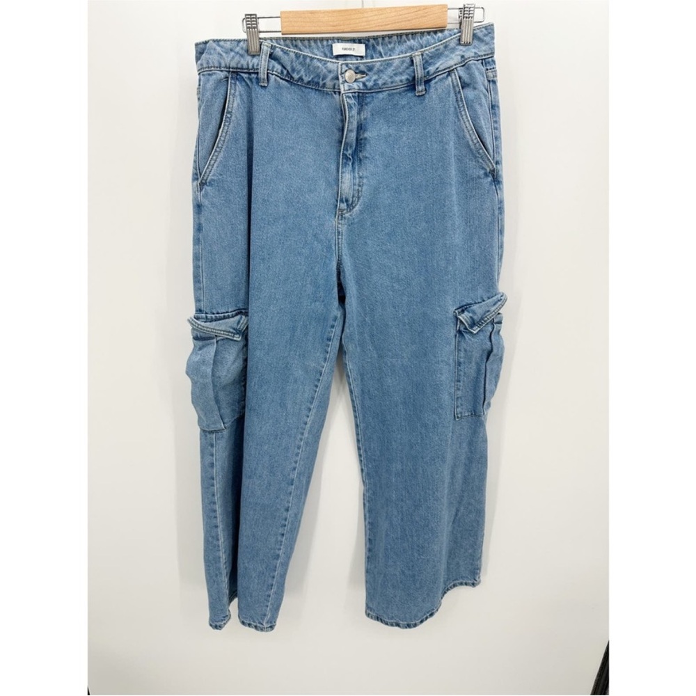 Forever 21 Jeans Women 33 Blue Wide Leg Denim Loose Fit Baggy 90s Style Cargo
